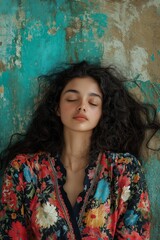 Fototapeta premium A serene portrait showcasing a woman with curly hair against a textured floral backdrop.