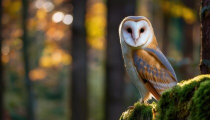 A barn owl perched on moss in a serene forest with blurred autumn colors in the background