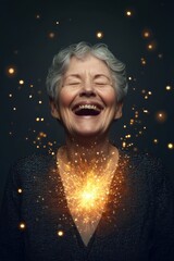 Joyful older woman with short gray hair radiating golden light from her chest, surrounded by glowing particles, symbolizing euphoria.