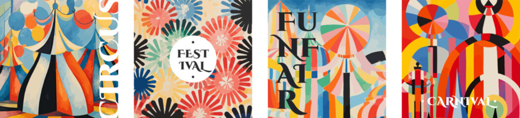 Circus and Carnival creative retro art square banner set. Festival and Funfair vintage typography print design collection. Holiday promo text on colorful abstract pattern flyer. Modern trendy cover