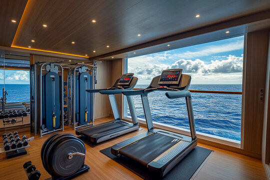 Fitness center with modern equipment overlooking the ocean on a luxury yacht during sunset