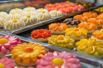 Delicious colorful flower shaped desserts are lying on metal trays