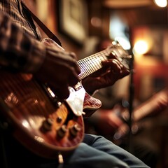 Fototapeta premium Blues Guitarist Performs in Dimly Lit Tennessee Bar Extreme Close Up