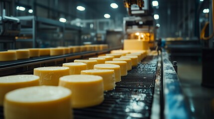 Fototapeta premium Advanced Machinery in a Cheese Processing Plant, Industrial Food Production