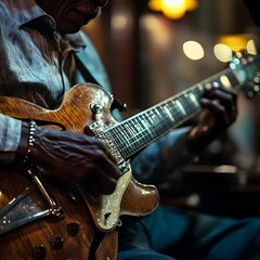 Fototapeta premium Blues Guitarist Performing in Dimly Lit Tennessee Bar