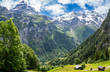 Fototapeta premium View of mountain peaks from Grutchwalp to Murren hike, Switzerland