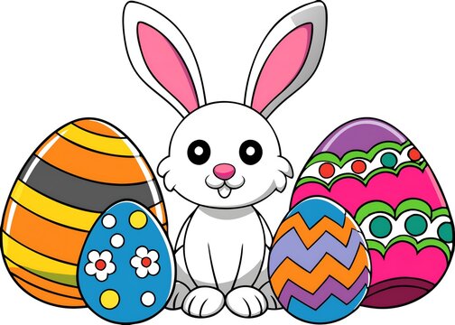A cartoon rabbit is sitting in front of a bunch of Easter eggs
