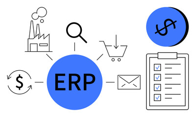 Central blue ERP circle with factory, search, cart, dollar, circular arrows, envelope, and checklist icons around it. Ideal for business integration, management tools automation resource planning