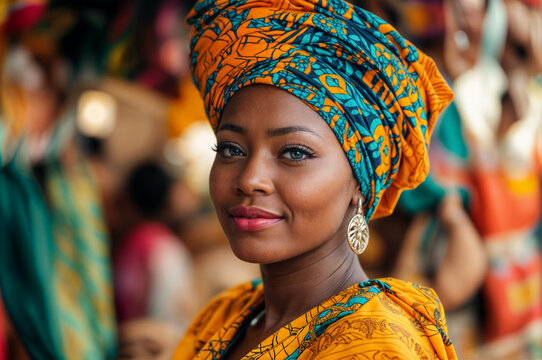 Woman wearing colorful traditional Senegalese boubou at a vibrant market surrounded by artisan crafts and textiles