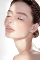 Close-up portrait of a beautiful woman with closed eyes, with light makeup on a white background, with soft lighting.