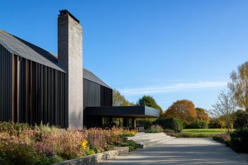 Obraz premium Modern architecture contrasts with nature at a sleek residence surrounded by autumn foliage on a clear day in a serene landscape