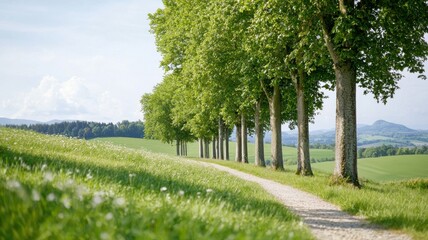 Obraz premium Natural transpiration concept in plants and the environment. Lush tree-lined path in a serene landscape.