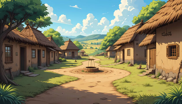 Serene Traditional Indian Village Cartoon Background Design