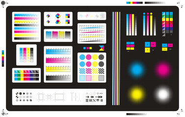Color cmyk management elements. Offset print registration plates, gradient, cmyk color mixing panel. Printing control marks vector illustration set