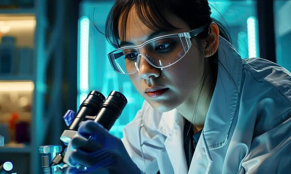 Young female scientist or lab technician studying samples or virus bacterial infection using microscope wearing white protective gawn and transparent glases