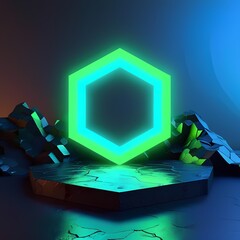 A neon green hexagon hovers above a cracked platform, surrounded by jagged rocks, creating a futuristic and mysterious scene