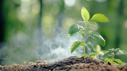 Natural transpiration concept in plants and the environment. New plant sprouting with mist in a lush green forest setting.