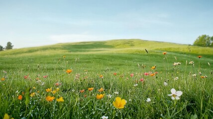 Fototapeta premium Natural transpiration concept in plants and the environment. Vibrant wildflowers blooming in a serene green meadow under blue skies.