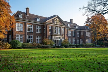 Elegant Brick Building with Autumn Trees and Lawn