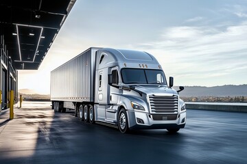 Fototapeta premium Outdoor Silver Truck at Loading Dock. A silver semi-truck parked at a loading dock, ideal for logistics, transportation, or automotive-related designs.