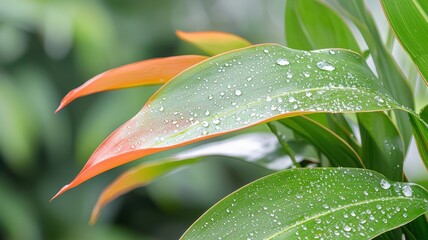 Natural transpiration concept in plants and the environment. Lush green leaves with water droplets and a hint of orange hue.