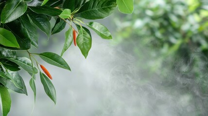 Obraz premium Natural transpiration concept in plants and the environment. Lush green leaves with mist and small red fruits in a serene setting.