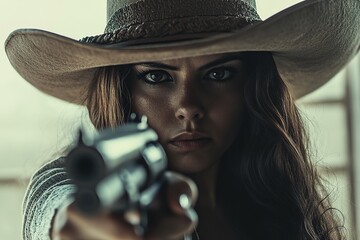 Intense woman in cowboy hat aiming gun