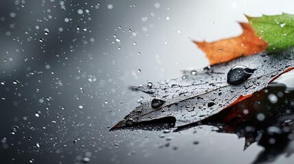Fototapeta premium Natural transpiration concept in plants and the environment. Leaf with raindrops and colorful foliage on a reflective surface.