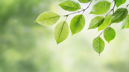 Natural transpiration concept in plants and the environment. Fresh green leaves with water droplets on a blurred background.