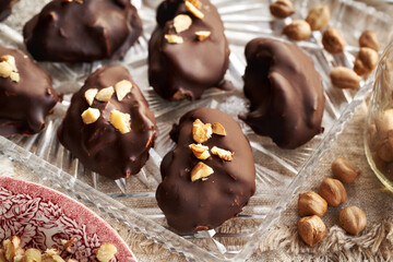 Homemade alternative healthy desserts made of yogurt, nut butter and maple syrup coated in chocolate, sprinkled with hazelnuts
