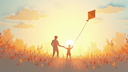 Father and son flying a kite in sunset field, Father's Day holiday concept