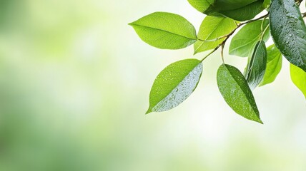 Natural transpiration concept in plants and the environment. Green leaves branch against a soft, blurred background.