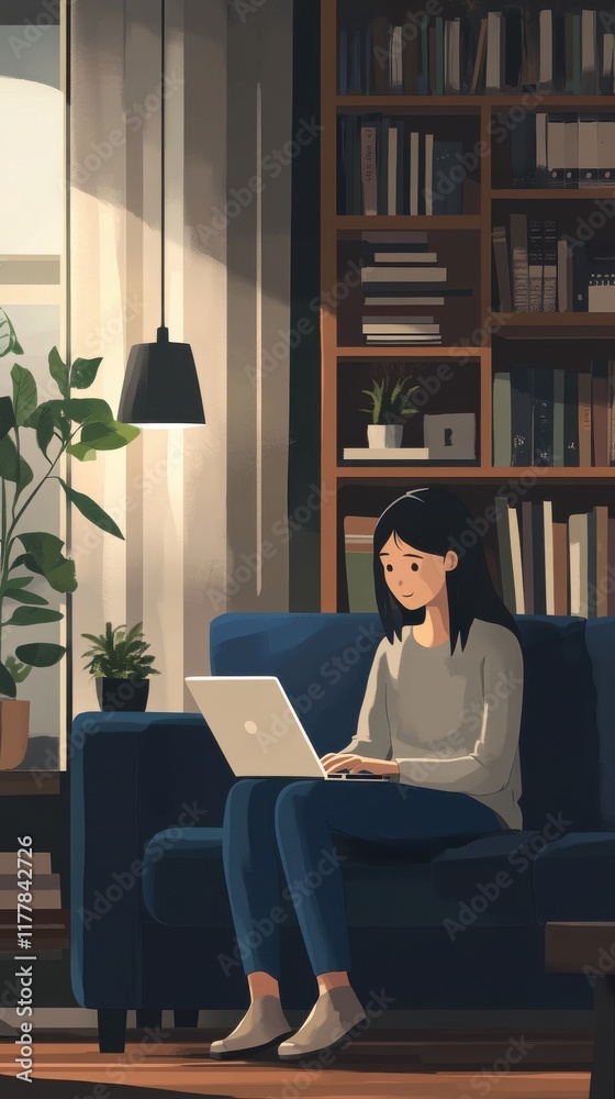 Poster serene indoor workspace featuring a young woman using a laptop in a minimalist setting with natural 