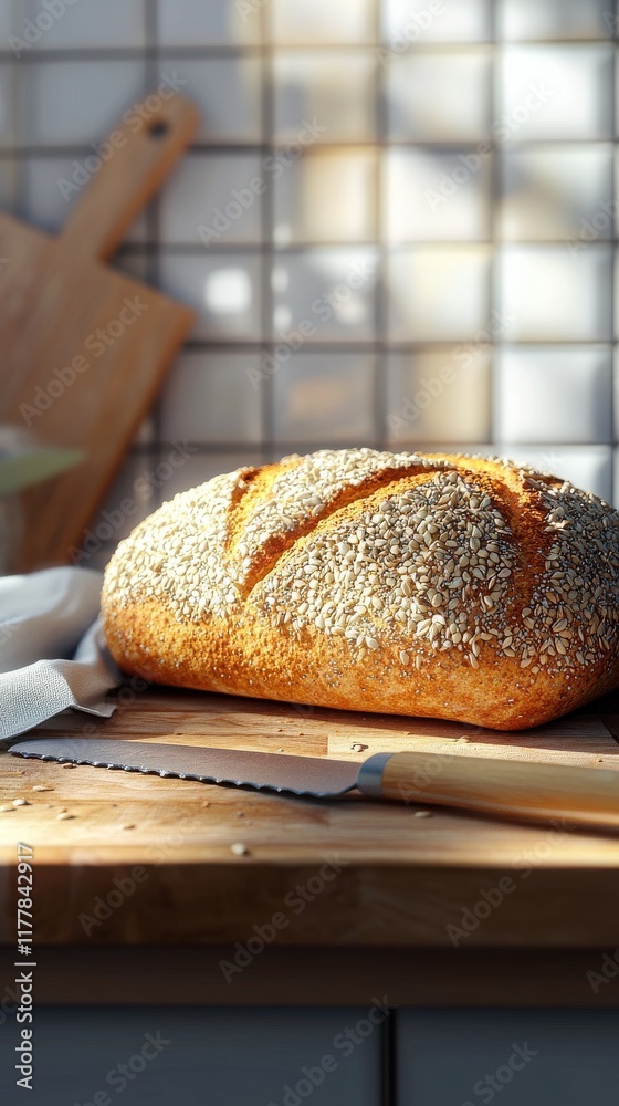 Poster close-up view of a fresh loaf of bread with a golden crust and sesame topping placed on a wooden kit
