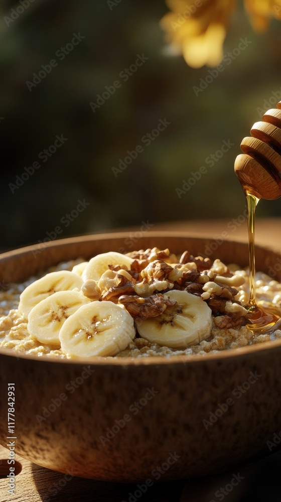 Aufkleber close-up view of a bowl of oatmeal topped with banana slices and walnuts, drizzled with honey in a b