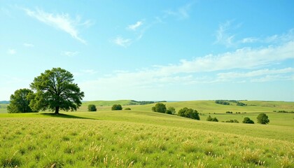 Fototapeta premium Vast prairie landscape under bright blue sky, natural tranquility