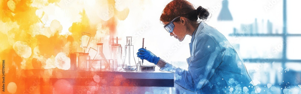 Leinwandbilder portrait of a scientist conducting experiments in a bright laboratory with colorful watercolor backg