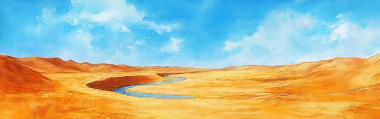 Fototapeta premium Calm river flowing through golden desert under a bright blue sky during midday in a vibrant watercolor landscape