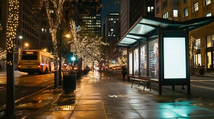 Urban Nightscene with Empty Billboard and Bus Stop, Depicting Modern City Silence and Opportunity