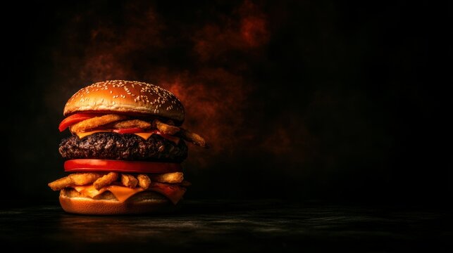 Tempting Tower of Juicy Burger with Tasty Fries and Smoke Background