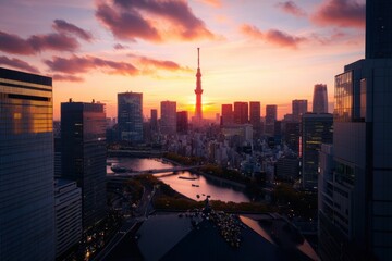 Fototapeta premium Tokyo skyline at sunset featuring skytree and river view