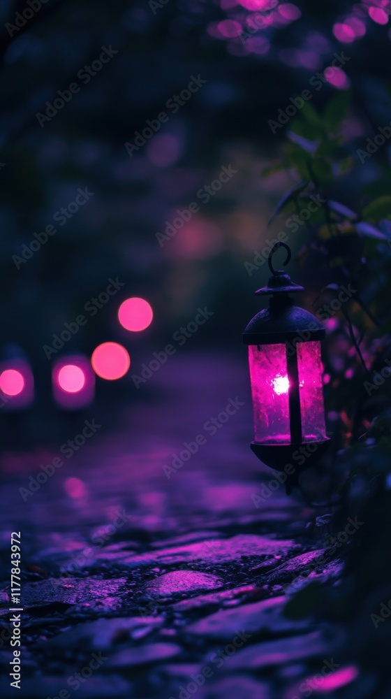 Poster captivating violet and magenta bokeh lights illuminate a serene garden path at twilight