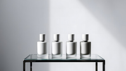 Elegant and modern perfume bottles in minimalist design, arranged on a small glass table, sleek and sophisticated presentation