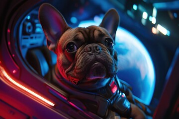 French bulldog astronaut exploring space in spaceship with earth view