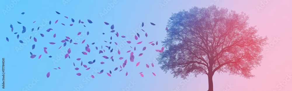Aufkleber minimalist silhouette of a tree with falling leaves against a gradient background during autumn