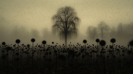 Isolated Tree and Flowers in a Misty Garden Setting