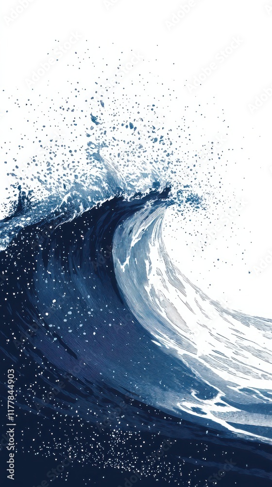 Aufkleber Halftone design featuring ocean blue wave with dynamic motion and splashes against a white background
