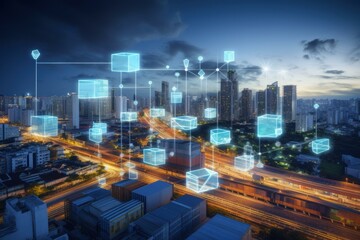 Futuristic blockchain technology connecting digital blocks over a cityscape at dusk, symbolizing secure and transparent data exchange in a modern urban environment