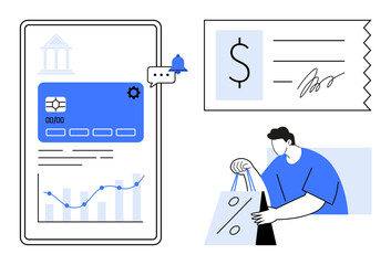 Digital mobile banking interface with a credit card, notification, and chart receipt with dollar sign and signature person holding shopping bags. Ideal for finance, ecommerce, budgeting
