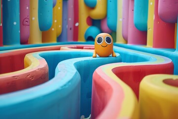 A colorful maze with a cute character leading the way, encouraging problem solving and spatial reasoning.